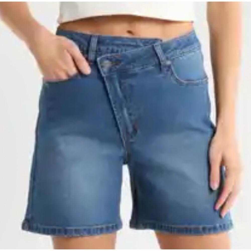 Vigoss Cross Waist Bermuda Shorts Denim Asymmetric Blue 27 Y2K Retro Streetwear